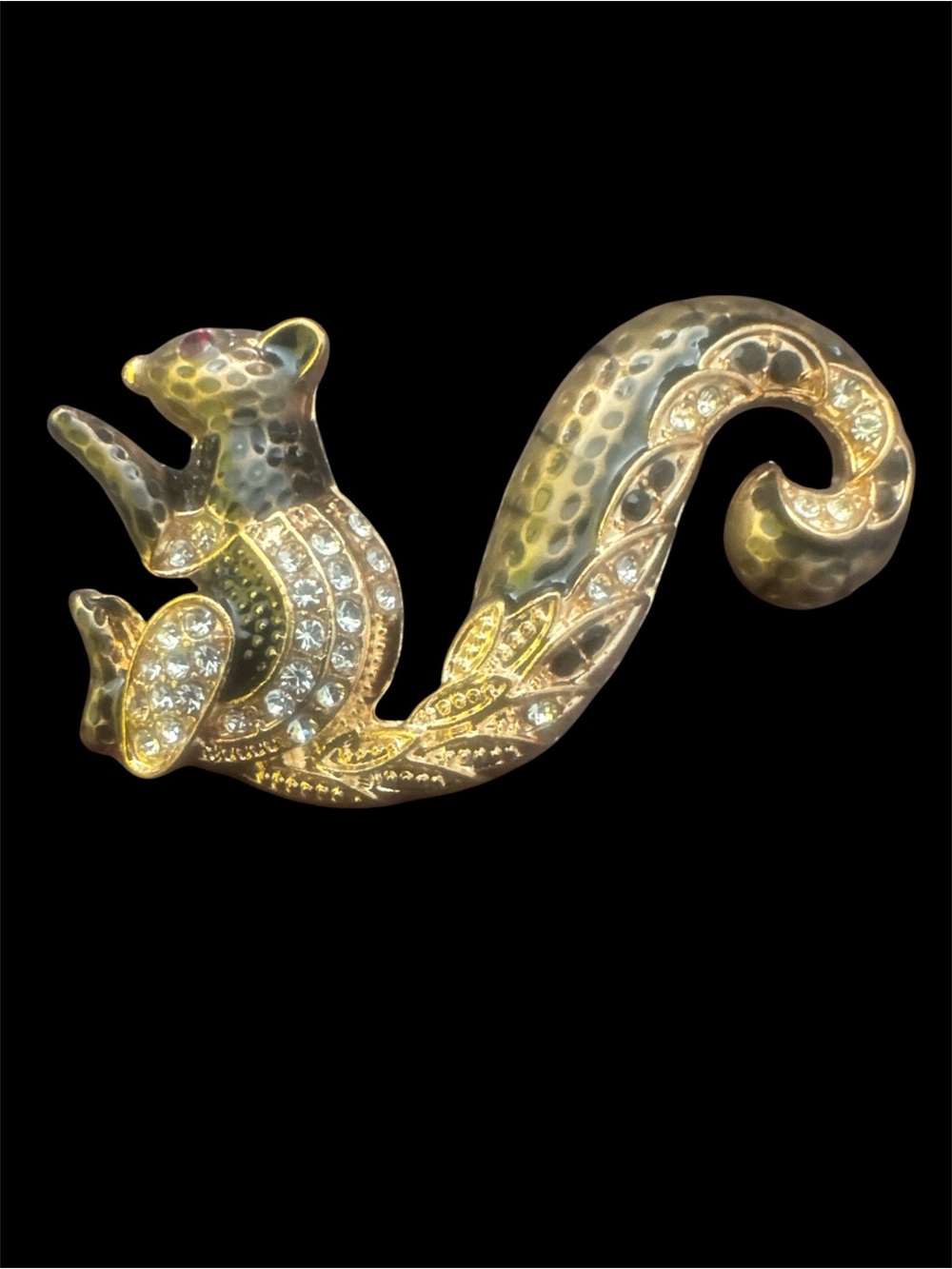 Gold, Black, & Charcoal Crystal Squirrel Brooch - Picture 5 of 7